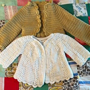 Vintage baby knit sweater cardigans mustard brown and winter white 9 12 18 month